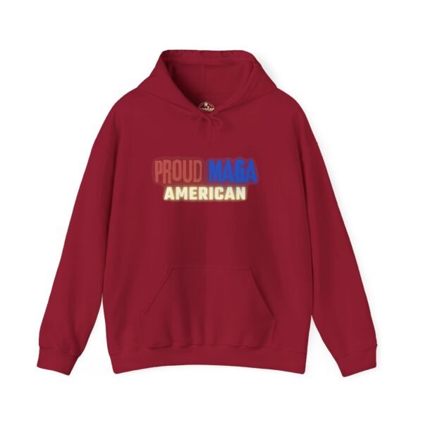 Front view of the Proud MAGA American hoodie in bold red, featuring a patriotic design with "Proud MAGA American" text in red, white, and blue. A must-have for conservative patriots who stand for American values.