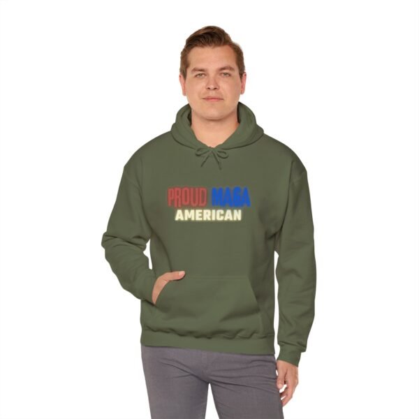 Front view of military green Proud MAGA American hoodie with bold red, white, and blue text. A perfect patriotic sweatshirt for Trump supporters, conservatives, and rallies.