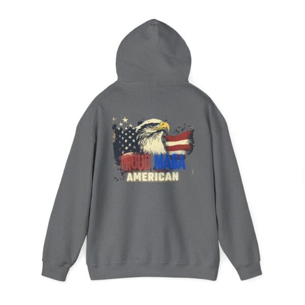 Back view of dark gray Proud MAGA American hoodie featuring an eagle, American flag, and bold red, white, and blue text. A patriotic conservative sweatshirt for proud Americans.