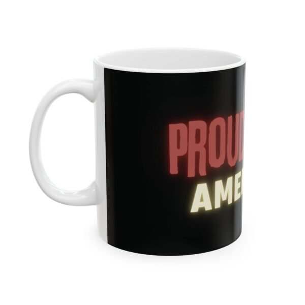 "Proud MAGA American" mug with bold red and yellow text on a black background, featuring a sleek design perfect for showcasing patriotism.